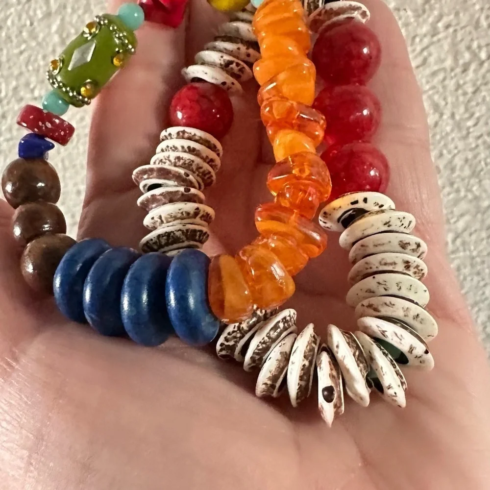 Boho Wooden beaded bracelet with glass beads accents looks like amber bracele…